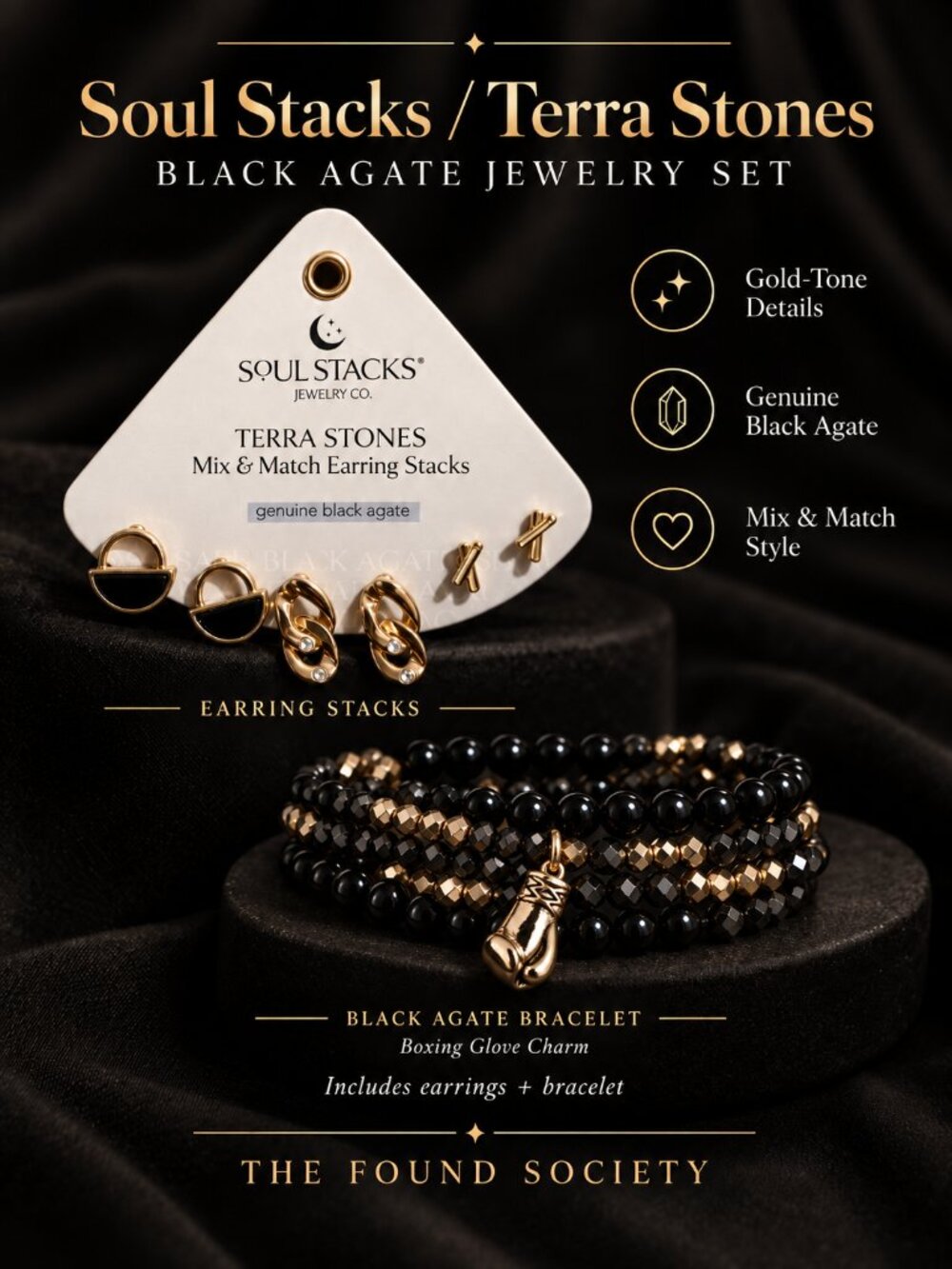 NWT Soul Stacks Terra Stones Black Agate Earring + Bracelet/Necklace Set